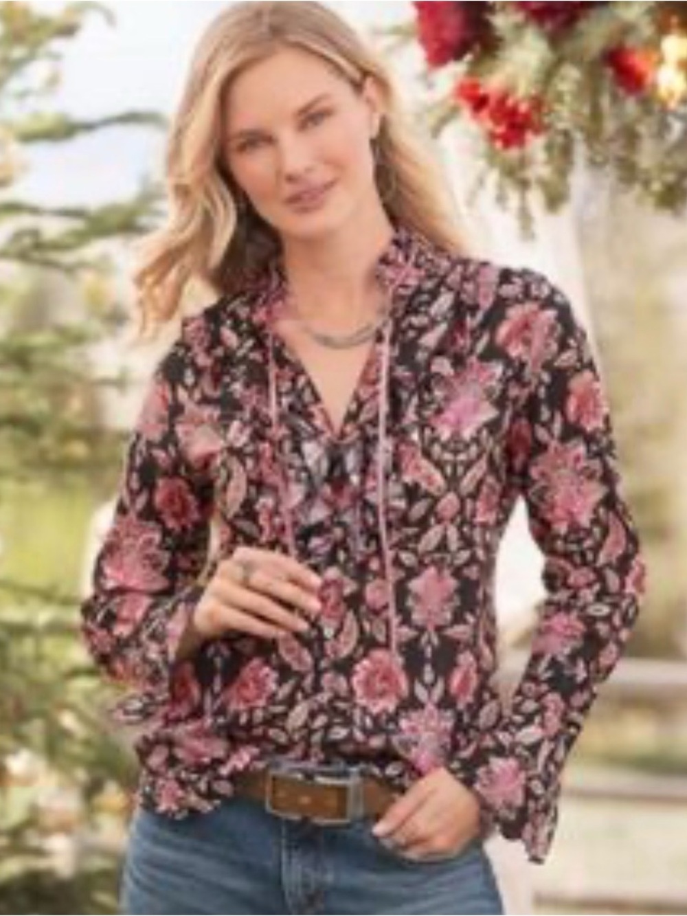 Cino Rosebay Crinkle Button Down Blouse with Ruffles and Velvet ties